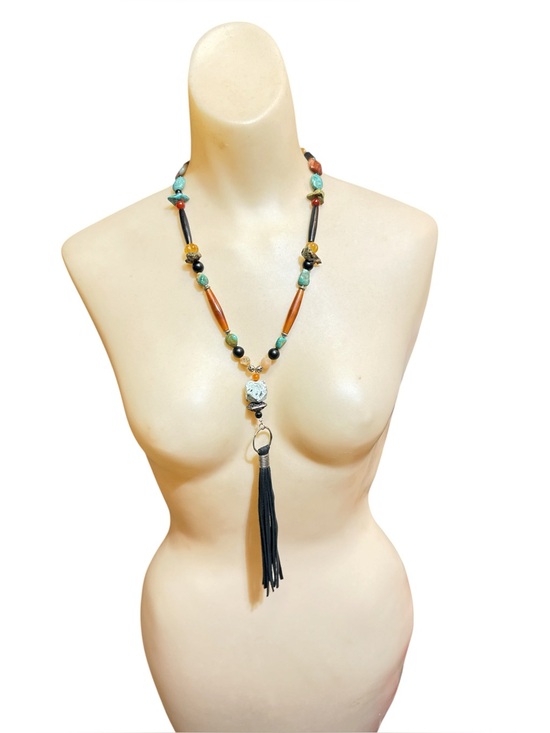 Artisan Jewelry - Artisan Southwest Turquoise Buffalo Horn Leather Lariat Tassel Necklace 29-37”